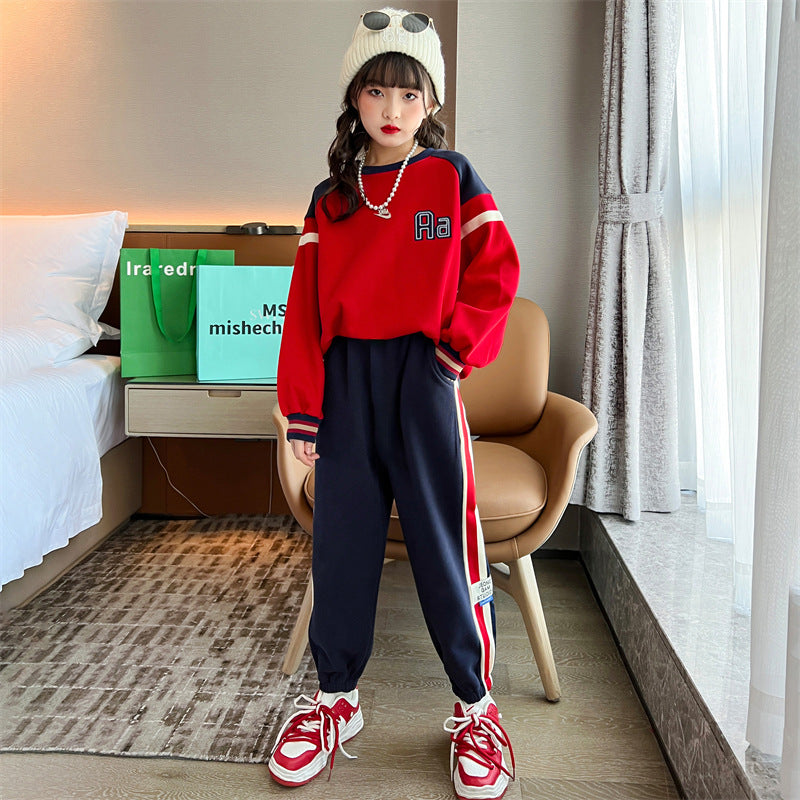 Girls' spring outfit set : trendy and stylish kids' fashionable activewear, popular online, two-piece set for older girls, spring and autumn