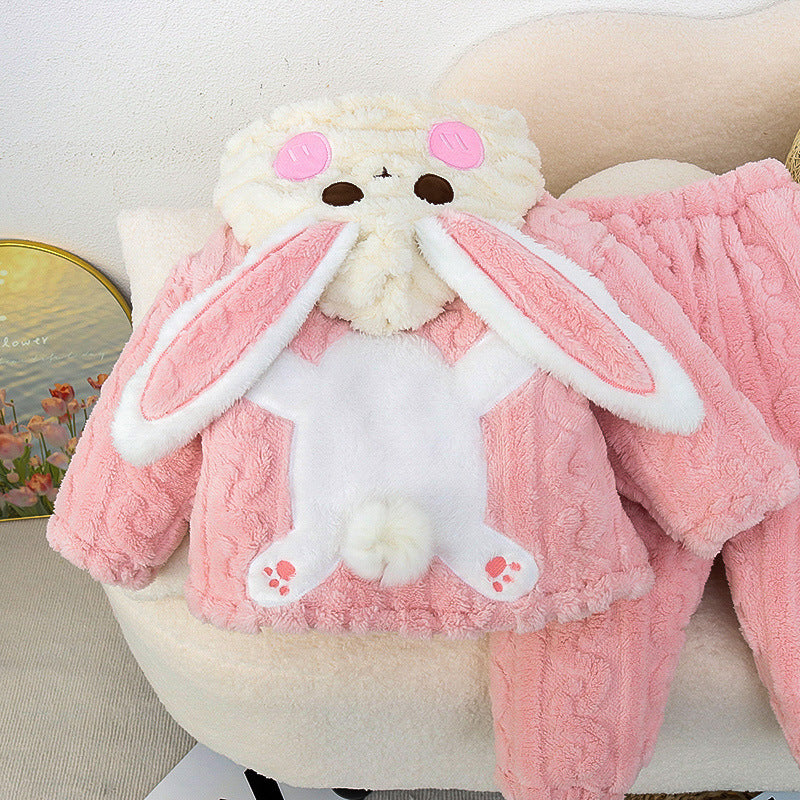 Three-layer quilted and thickened kids pajamas winter girls children's fleece-lined girl cartoon baby home clothes suit