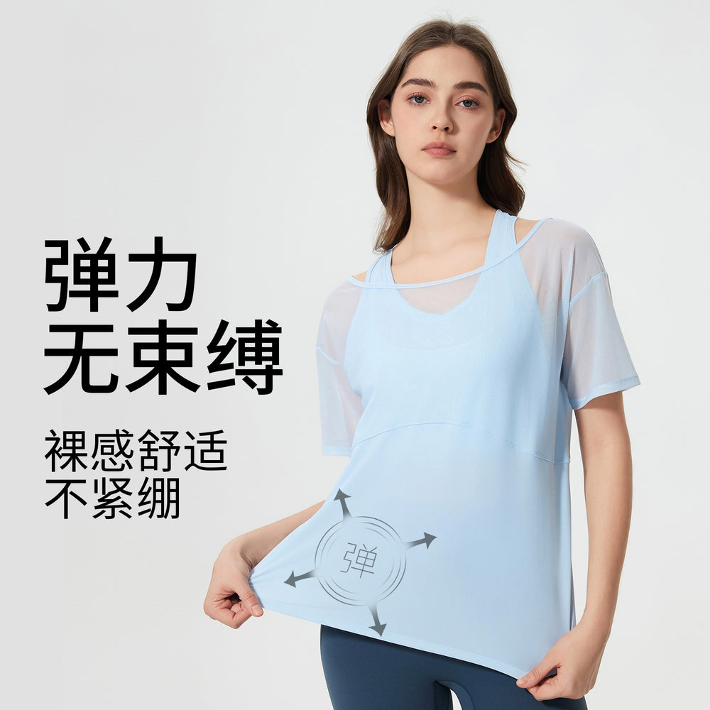 Women's loose-fit yoga top - short sleeve activewear t-shirt, running cover-up, faux two-piece design, quick-dry & breathable workout top d25040