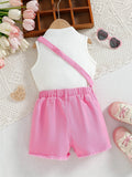 summer new arrival: high-neck ribbed sleeveless top + denim shorts set with exquisite denim heart bag - 3 piece set