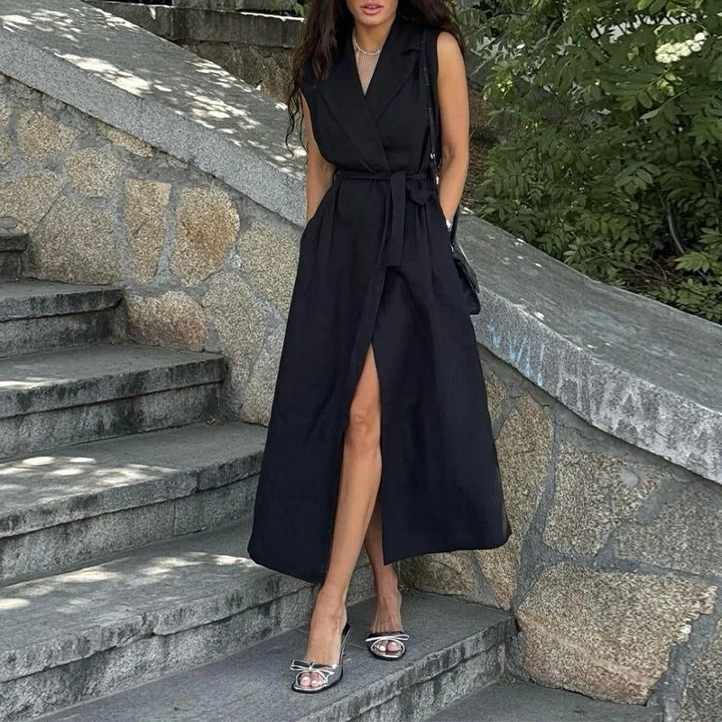 women's summer new arrivals:  cross-border fashion, european & american style, elegant commute solid color sleeveless slit dress