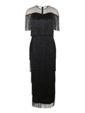 new mesh patchwork tassel crew neck dress high waist slim fit evening sexy bodycon dress