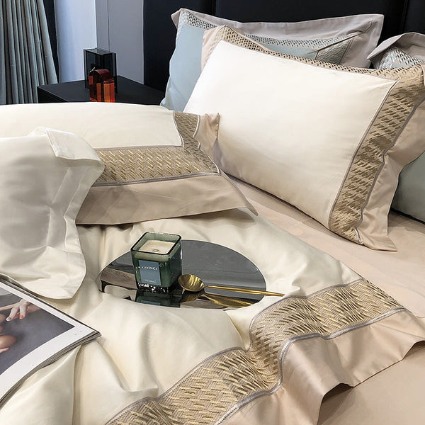 High-end color matching embroidery Class A maternal and infant grade 100 long-staple cotton abraded four-piece set cotton thousand bird grid four-season bedding
