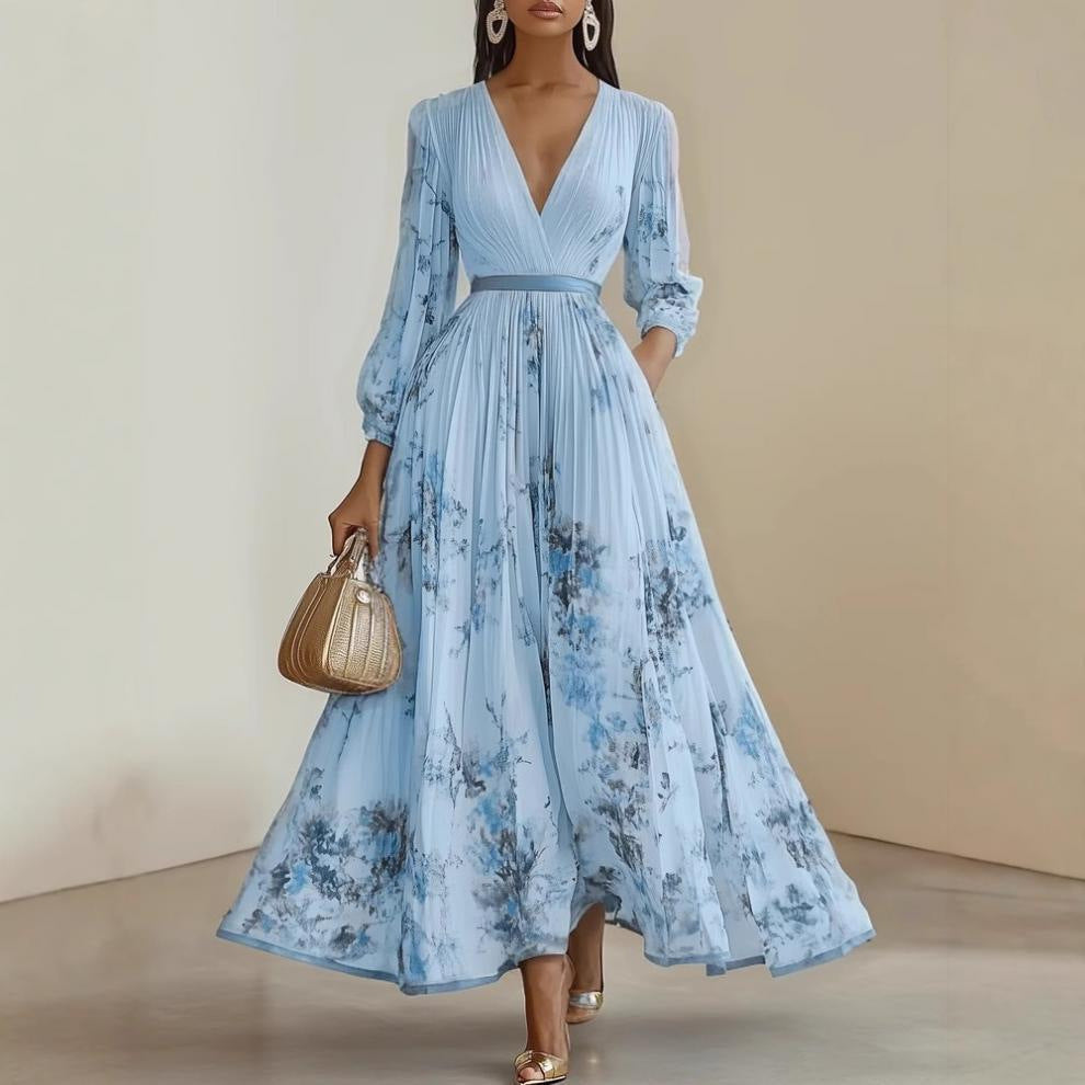 cross-border european and american women's clothing: new autumn fashion casual printed v-neck pleated a-line maxi dress