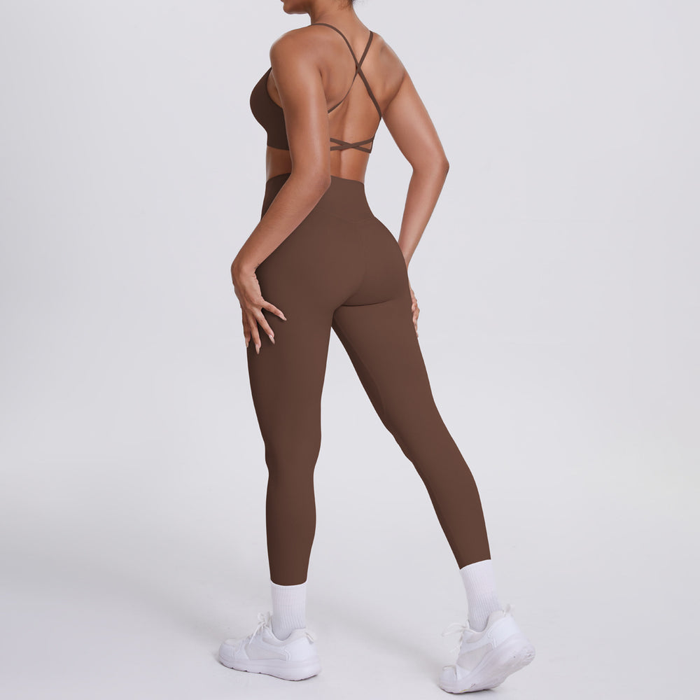 New arrival cross-border fashion double-sided nylon beautiful back tight cross sports yoga suit running fitness two-piece set