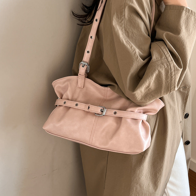 2026 early spring hot-selling chic handbag - women's unique leather belt-embellished high-end underarm bag - large capacity commuter bag