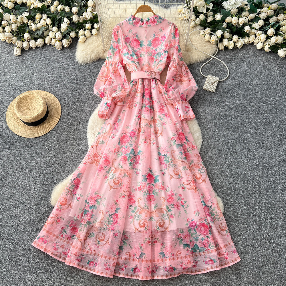 French riviera floral print flared sleeve dress - women's long sleeve tie-waist a-line maxi dress - elegant & chic