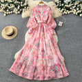 French riviera floral print flared sleeve dress - women's long sleeve tie-waist a-line maxi dress - elegant & chic