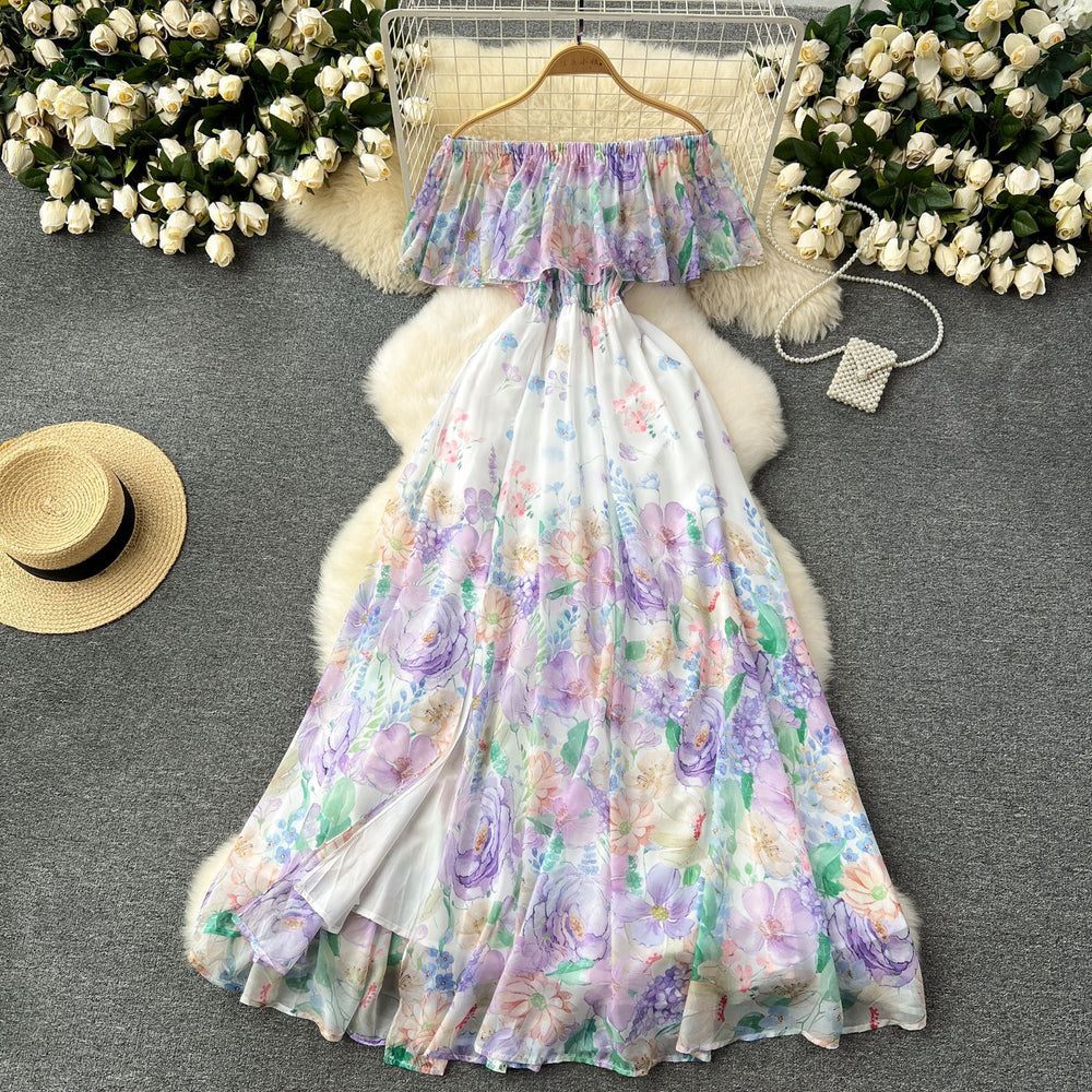2024 new floral collection resort dress - women's ruffle one-shoulder slim-fit maxi chiffon fairy dress