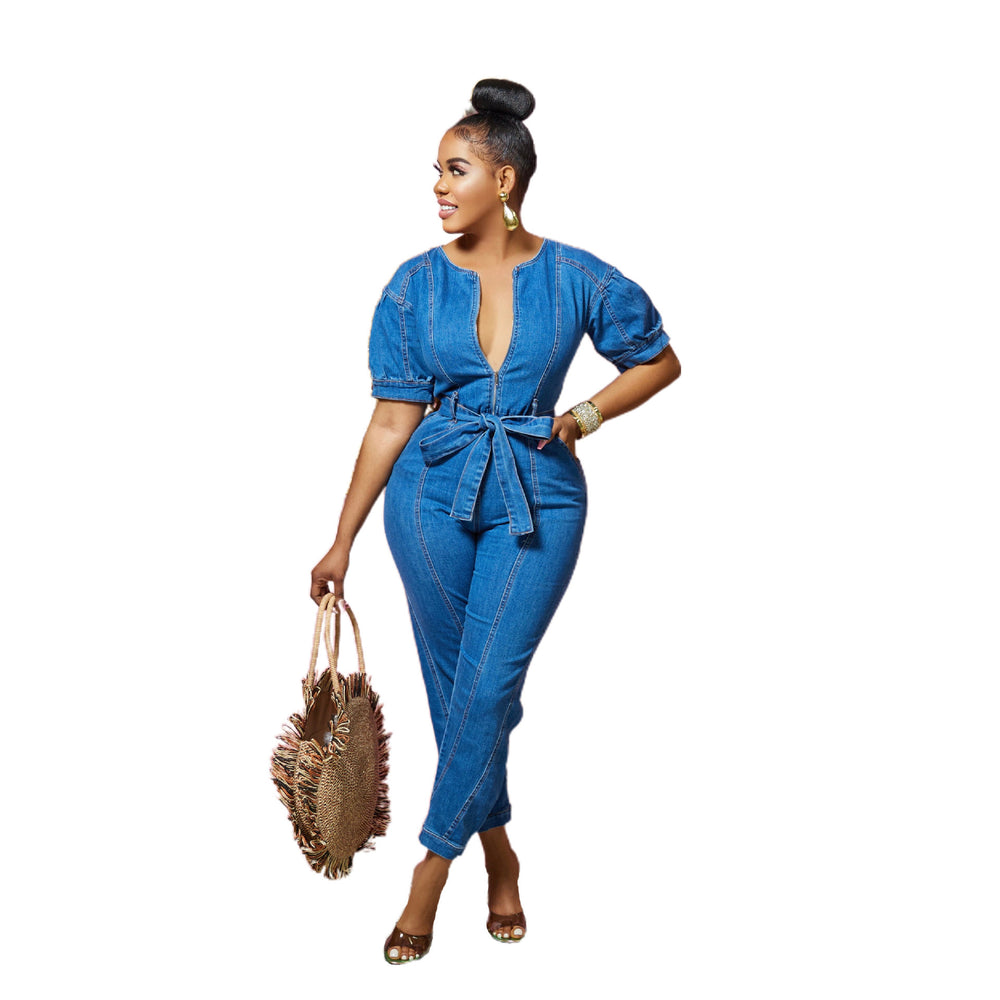 Amazon  women's jumpsuit new arrival hot selling washed blue fashionable elegant denim jumpsuit pants