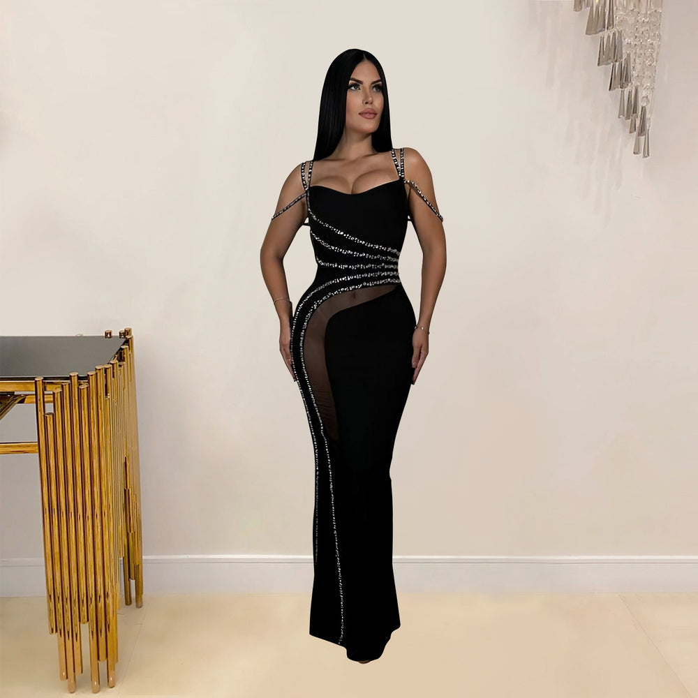 C7027 cross-border   independent station fashion women's hot diamond solid color mesh dress new