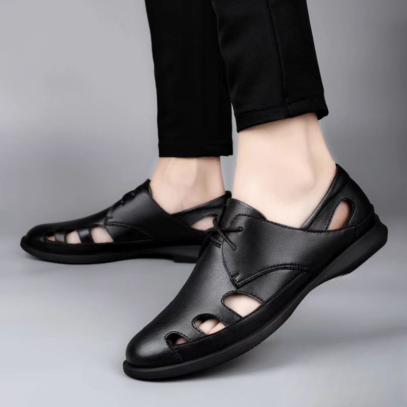 Special big salenew arrivalmen leather sandals summer breathable leather shoes middle-aged and elderly soft bottom dad hole shoes cut out