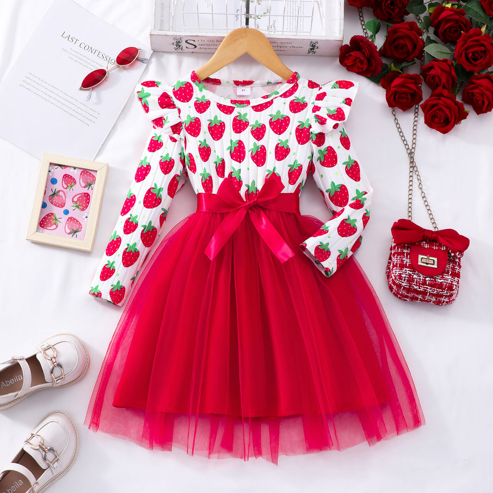 Girls' dress, flutter sleeve printed patchwork mesh dress