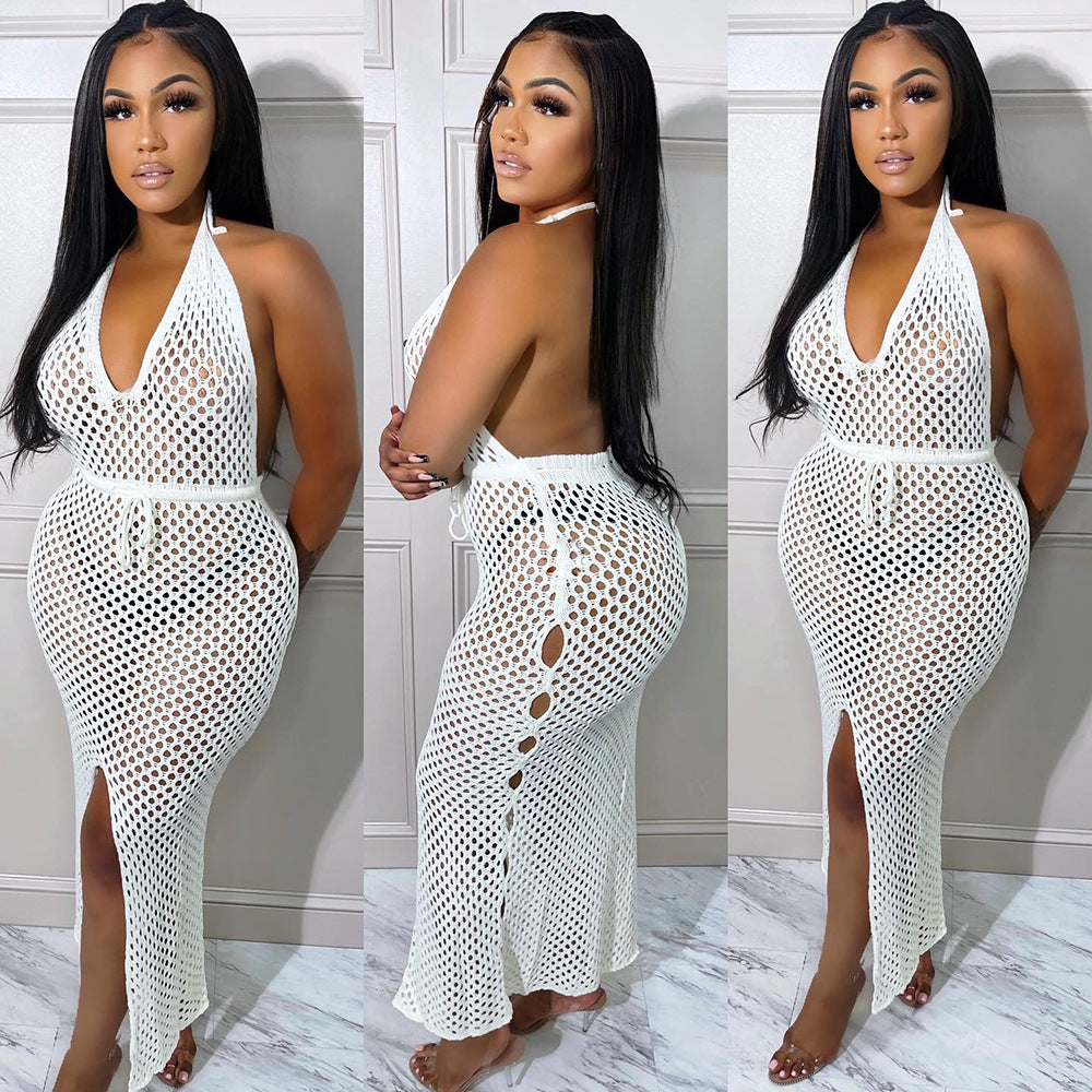 Fashion cross-border women's clothing  supply fashionsexytie back deep vpure colorcut out mesh slit dress