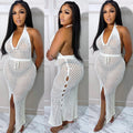 Fashion cross-border women's clothing  supply fashionsexytie back deep vpure colorcut out mesh slit dress