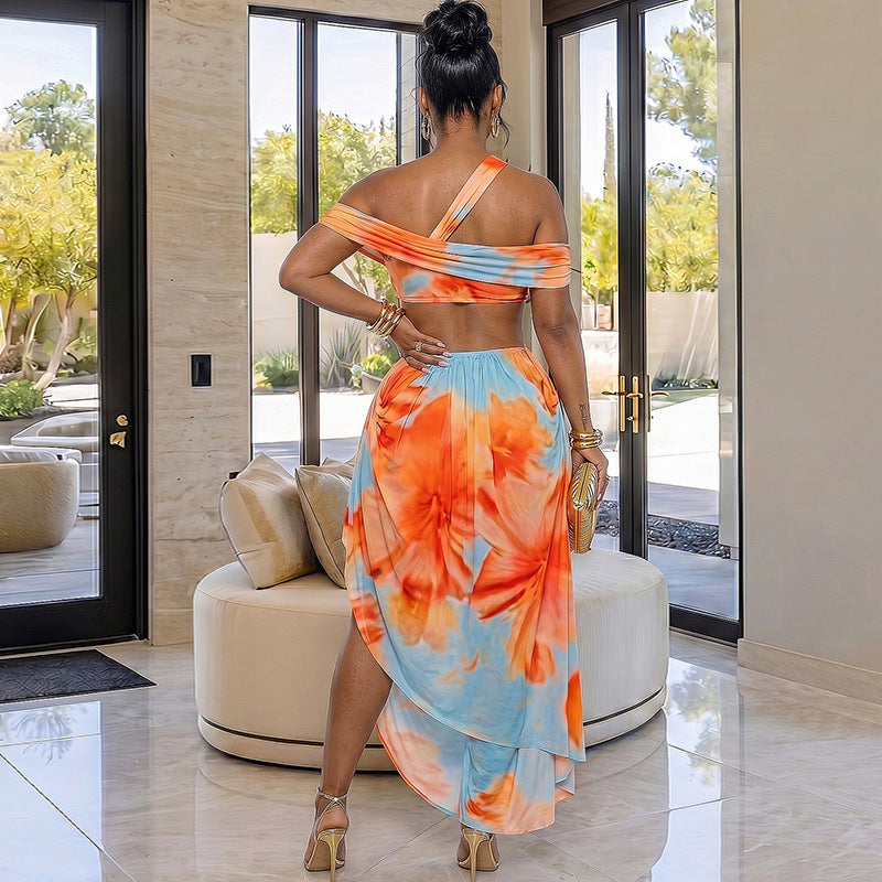 Fashion styleexportsummerprinting women's cool color matching chest wrap hip skirt home oblique collar backless long dress