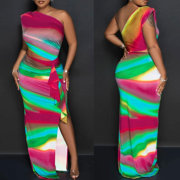 S10540 European, American, sexy, printed one-shoulder hollow color split-ended lace dress