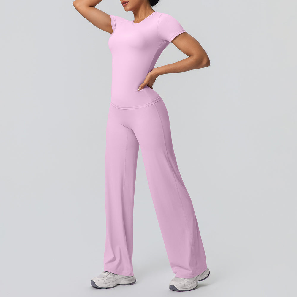 Cloud-feel outdoor casual sports short-sleeve yoga set - high-waisted, butt-lifting, straight-leg, wide-leg, quick-dry running & fitness outfit