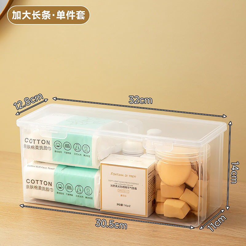 Long makeup brush, mask storage box, transparent rectangular box with lid, covered dresser, skin care product storage box.