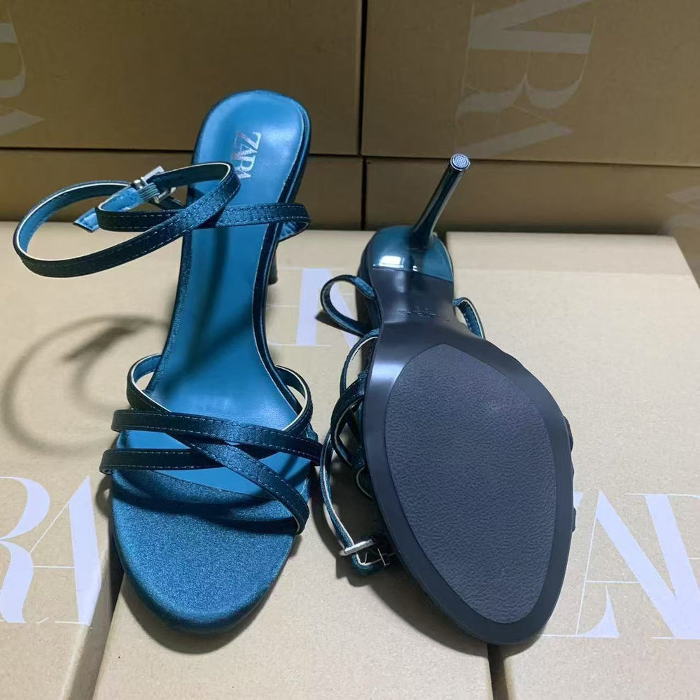 Za's 2025 new french-style women's high heels: pointed-toe, stiletto, criss-cross buckle, fashionable open-back sandals in peacock green