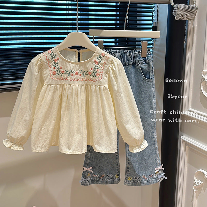 Pre-order: girls' autumn embroidered floral long-sleeve shirt - korean style casual outerwear for baby girls and children