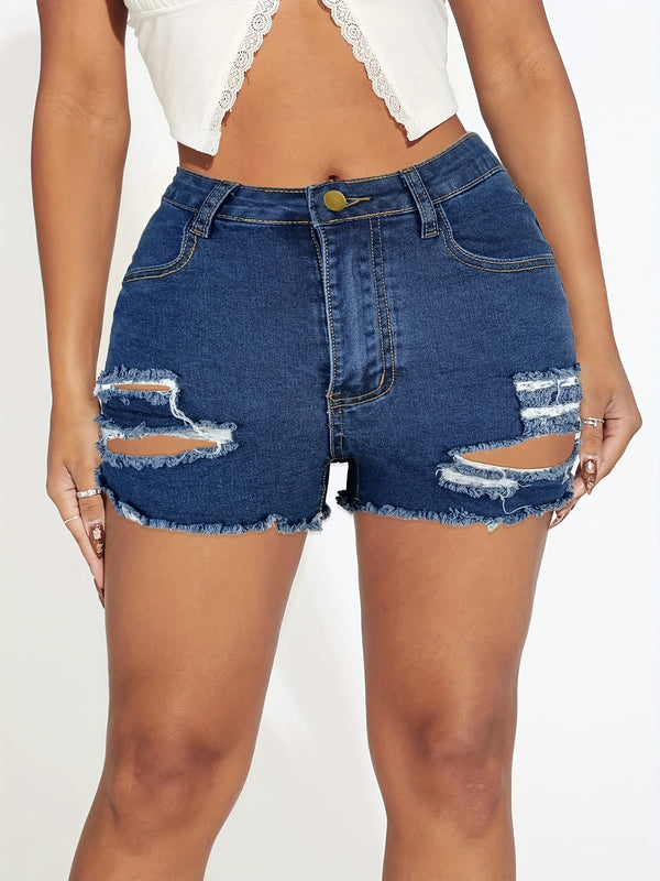 Wish  spot   Europe, America, high waist slim fit ripped hair beard edge denim shorts