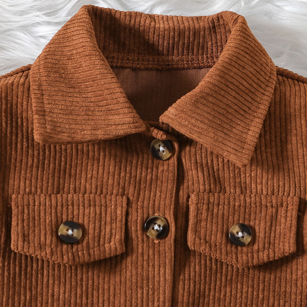 Girls' fashionable and elegant two-piece set: faux pocket notch lapel corduroy long-sleeve jacket + fluffy mesh skirt with vest