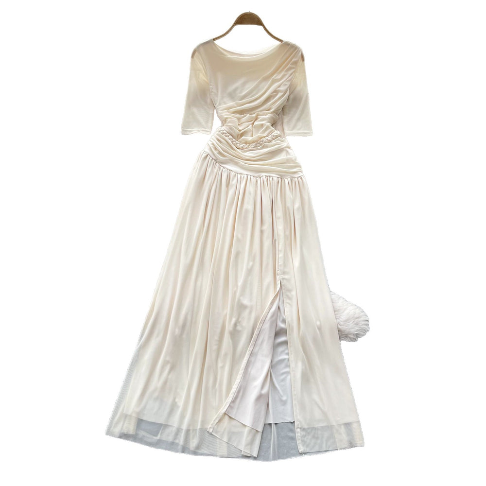 Hepburn style pink a-line slit long sleevesdress women's summer short-sleeved high waist pleated elegantelegance long skirt