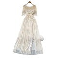 Hepburn style pink a-line slit long sleevesdress women's summer short-sleeved high waist pleated elegantelegance long skirt