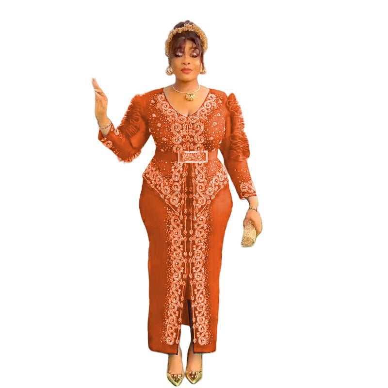 supply, hot-selling in africa, v-neck, hot diamond beads, bubble mesh sleeves, waist-length skirt, slit dress