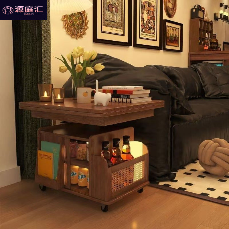 Solid wood modern adjustable height coffee table mobile cart folding dining table dual-purpose tea table multifunctional living room sofa side table