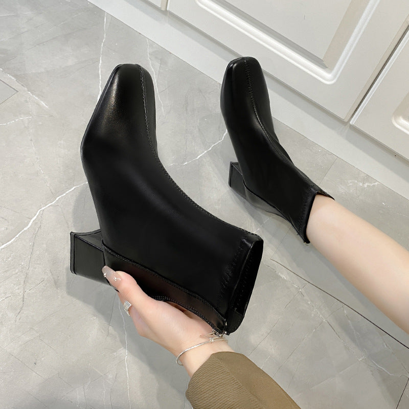 Martin boots women's 2024 new women's boots winter fashion square toe back zipper short boots women's thick heel mid heel boots women