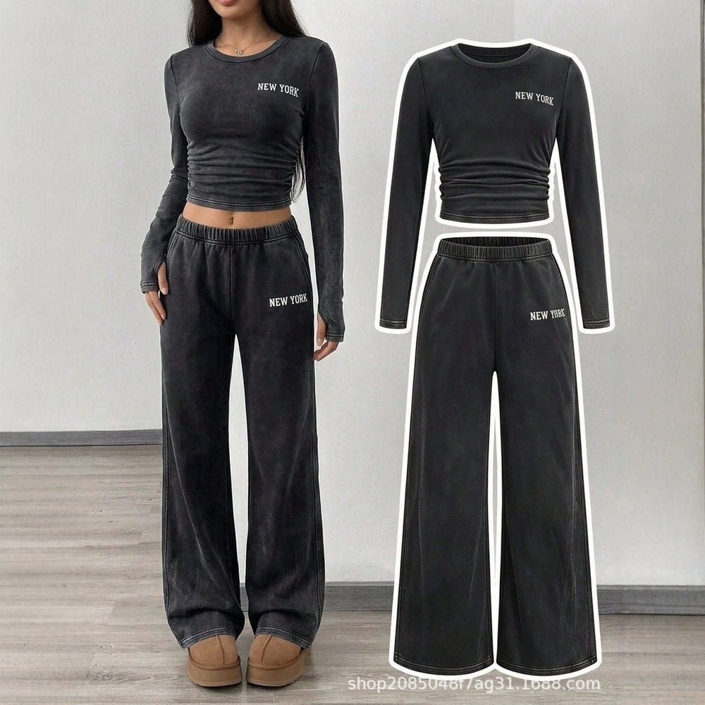 retro washed women's suit round neck pleated short long sleeves tops elastic waist distressed wide leg sweatpants
