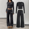 retro washed women's suit round neck pleated short long sleeves tops elastic waist distressed wide leg sweatpants