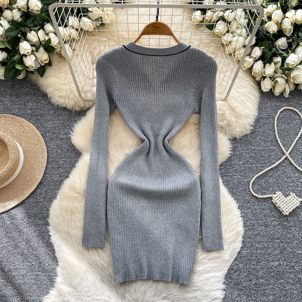 Xiaoxiangfengclassyfashionablecontrast color button design v neck waist slimming lookelegantlong sleevesknittingdress women