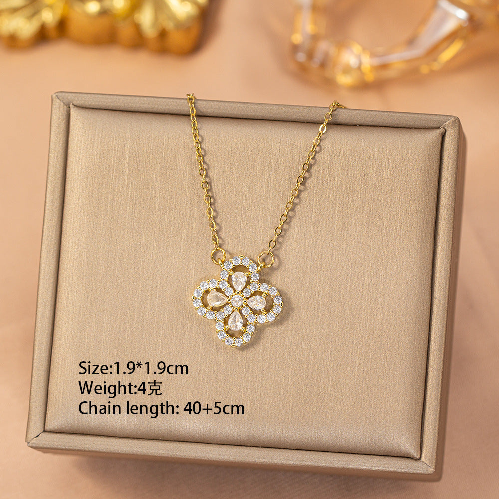 【titanium steel】trendy bestseller copper inlaid zircon full diamond four-leaf clover necklace for women, lightweight luxury, non-fading, high-end clavicle chain