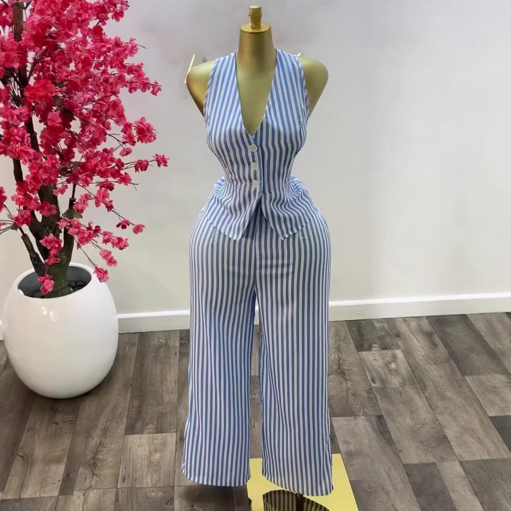 European and american cross-border women's clothing  summer new arrival: elegant v-neck blue and white striped vest top and high-waisted pants set