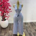 European and american cross-border women's clothing  summer new arrival: elegant v-neck blue and white striped vest top and high-waisted pants set