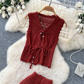 summer hollow-out knit slim-fit two-piece set - women's retro sleeveless, slimming, elegant, and chic workwear outfit