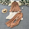 Women's sweater set - autumn/winter loose fit fashion color block crew neck long sleeve knit top & high waist wide leg pants two-piece outfit