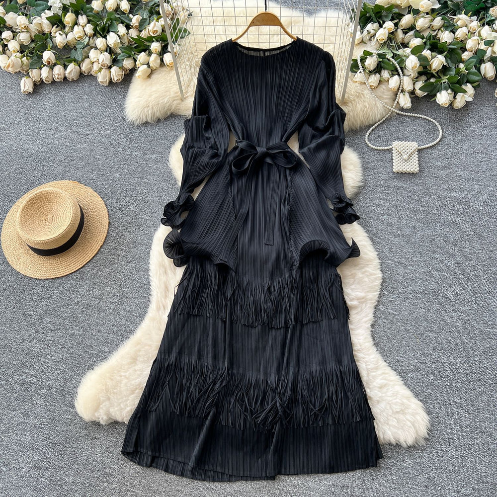 Miura pleated dress women's  autumn tie-waist ruffle trim patchwork tassel pleated elegant maxi dress