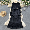 Miura pleated dress women's  autumn tie-waist ruffle trim patchwork tassel pleated elegant maxi dress