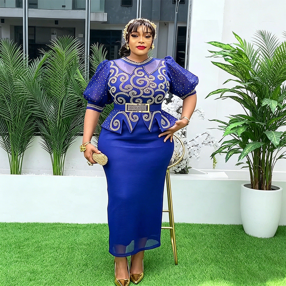 African cross-border hot seller: fashionable and chic rhinestone-embellished puff sleeve high-waisted bodycon dress - plus size women's ready-to-ship dress