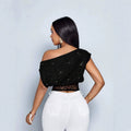 Women's elegant see-through lace black t-shirt with lace trim, asymmetrical neckline, and relaxed fit - fashionable and casual