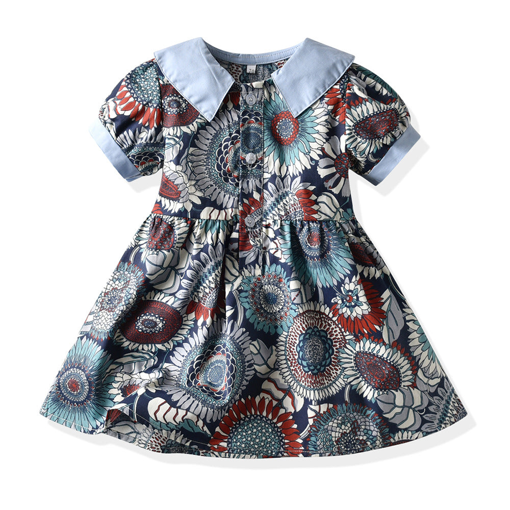 Girls' floral print cotton dress with straw hat - vintage-inspired, chic, and sweet