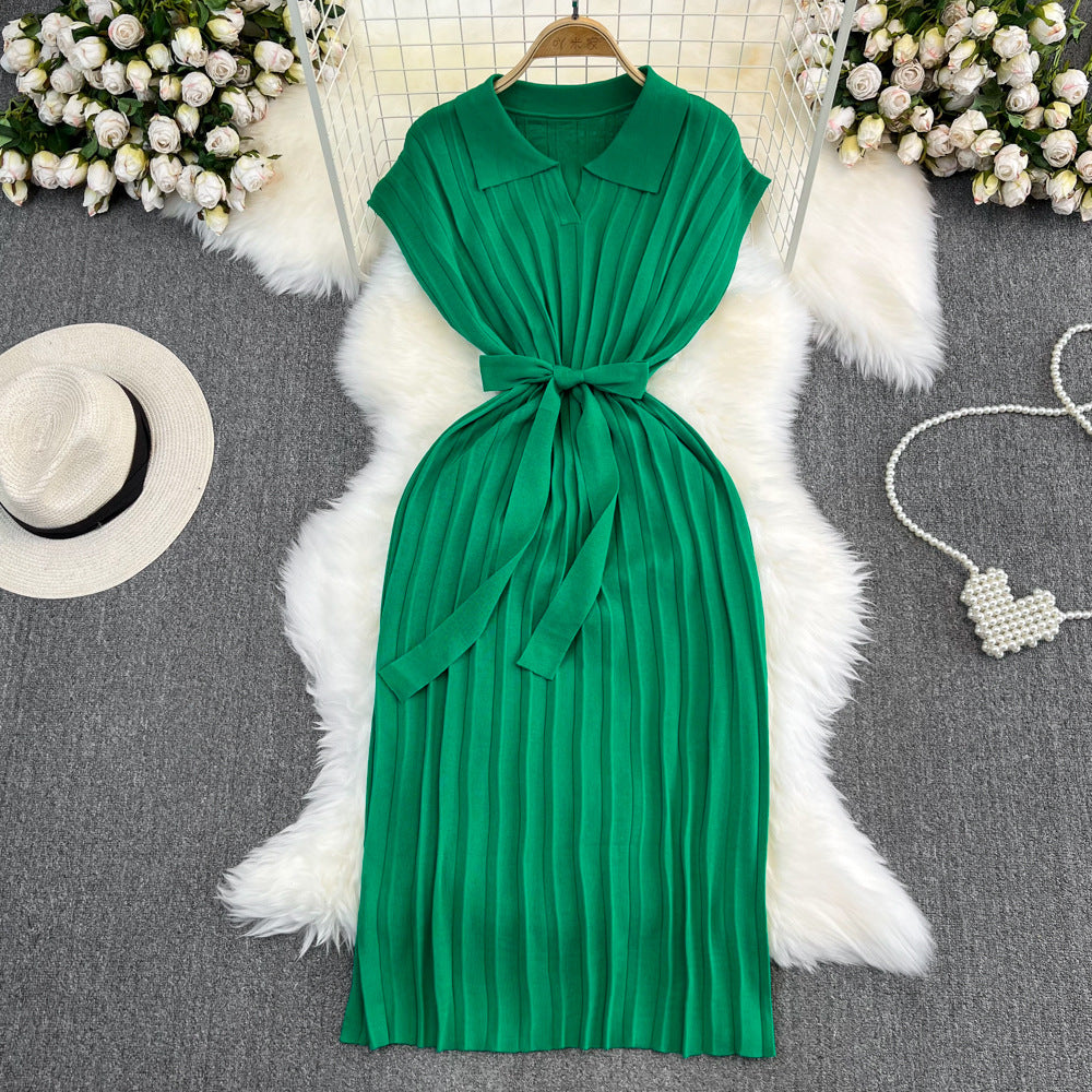 summer french retro chic polo collar loose fit waist tie a-line knit maxi dress