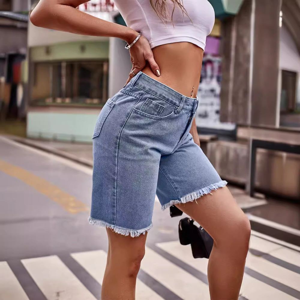 foreign trade european and american women's clothing  new arrivaleasiest for match raw edge straight-leg denim half length pants casualshorts