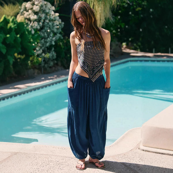 Cross-border European and American independent stations casual vacation style loose trousers fashion lace-up wide-leg trousers seaside casual trousers