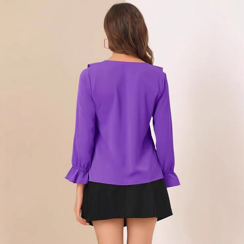 Amazon fashion ruffles chiffon long sleevesshirt women's  spring new arrival pure desire v necktops women