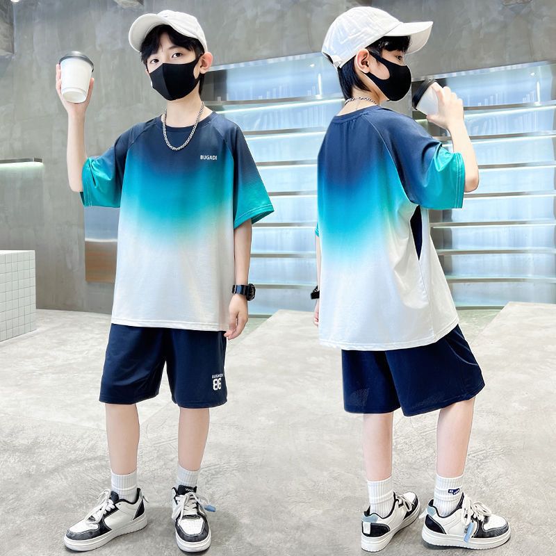 Boys' quick-dry outfit set : new summer gradient two-piece short-sleeve set for mid-to-large children, perfect for summer wear, sports, and t-shirts